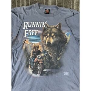 American Biker Shirt Mens‎ Large Blue Runnin Free 3D Emblem Vtg 1991 Wolf Nature